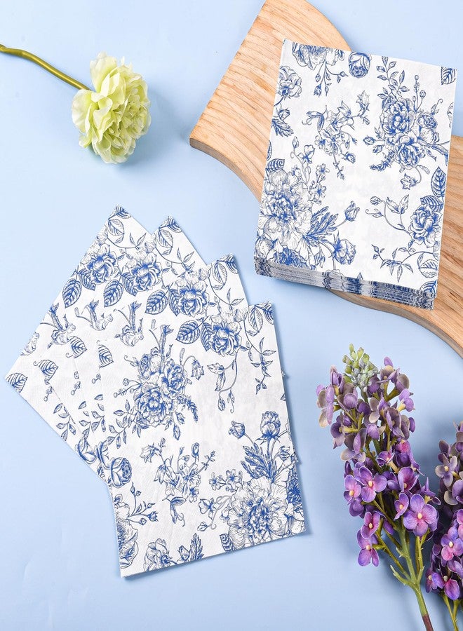 Elyxio 100 Floral Party Napkins Blue Floral Paper Napkins Vintage Bouquet Flowers Disposable Cocktail Luncheon Napkins for Garden Tea Party Birthday Party Supplies (Blue) - Image 4